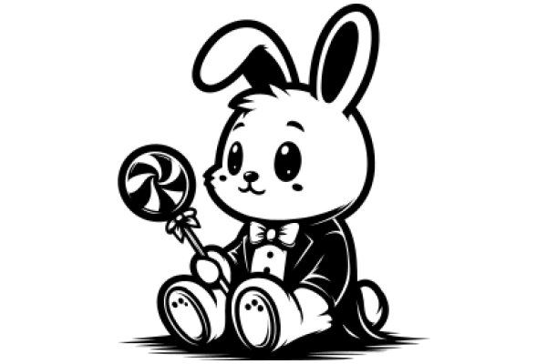 Adorable Cartoon Bunny in a Suit and Bowtie, Holding a Candy Cane