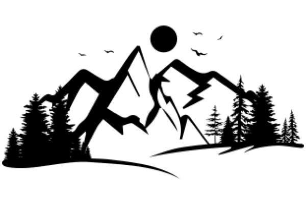 Silhouette of a Mountainous Landscape with a Mysterious Creature and a Moon