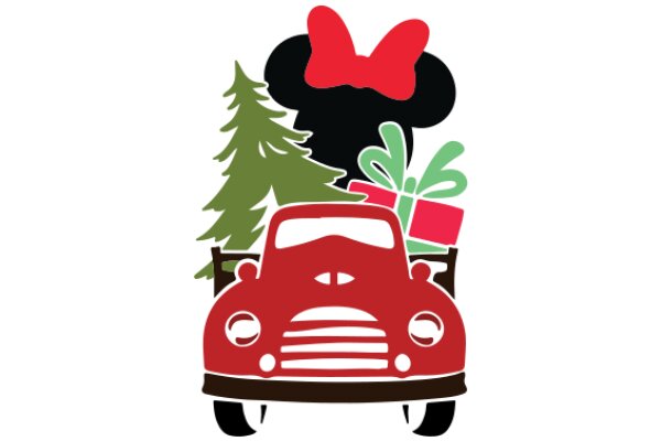 A Festive Christmas Scene with a Red Car and a Minnie Mouse Silhouette