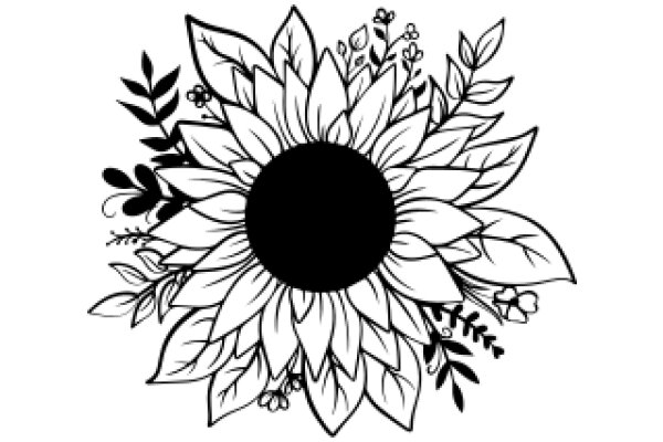 Floral Art: A Sunflower with Surrounding Leaves and Flowers