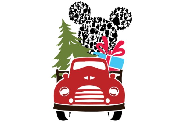 A Festive Christmas Scene with a Red Car and Mickey Mouse