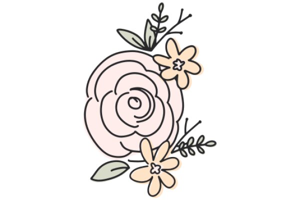 A Whimsical Floral Illustration with a Pink Rose and Yellow Flowers