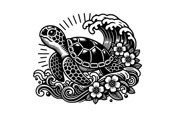 Stylized Illustration of a Turtle with a Wave and Flowers