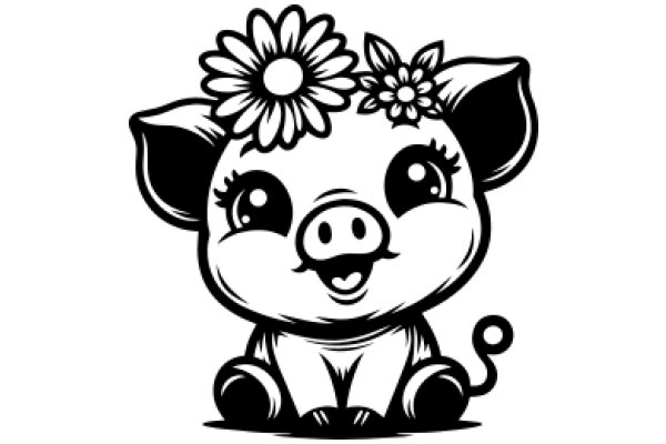 Adorable Cartoon Pig with Flower Crown and Tail