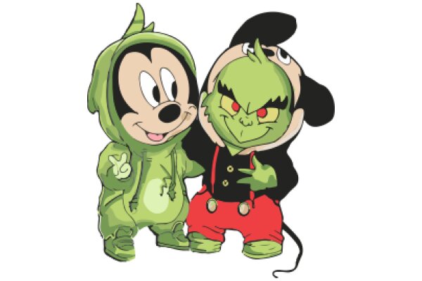 A Friendly Encounter: Mickey Mouse and a Green Creature