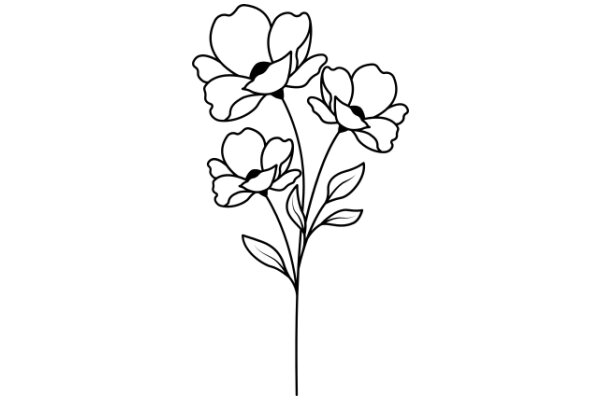 Line Drawing of Three Flower Stems with Leaves and Flowers