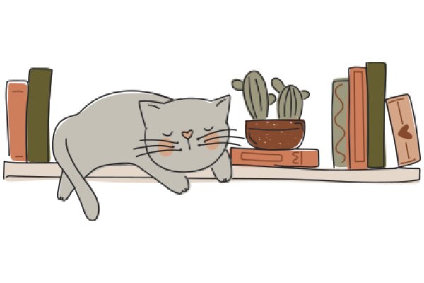 A Cozy Scene with a Cat, Cacti, and Books