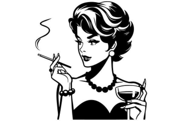 Stylish Woman with Cigarette and Wine Glass, Illustration