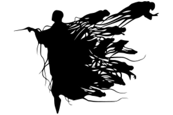 Silhouette of a Figure with Extended Arms and a Tail of Smaller Figures