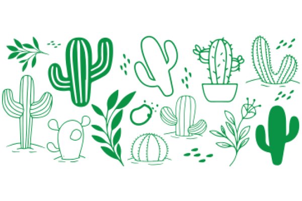 A Collection of Green Line Drawings of Cacti and Desert Plants