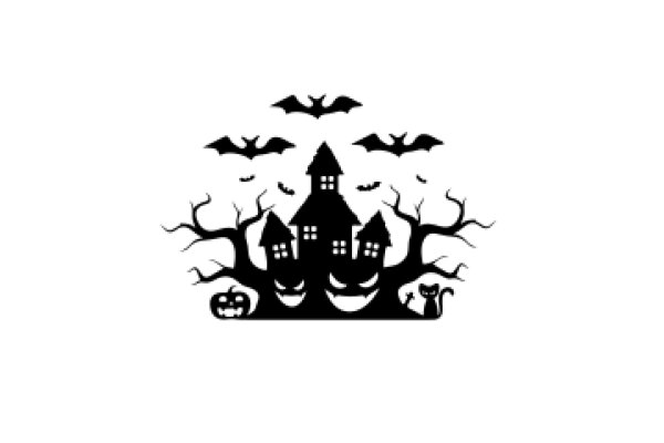 Halloween Silhouette: A Spooky Scene with Bats, Houses, and Pumpkins