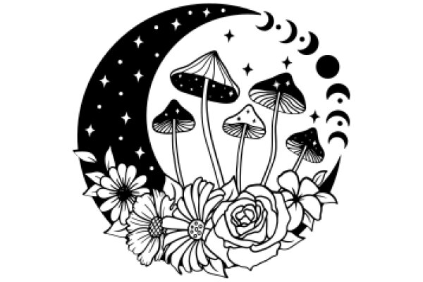 Moonlit Garden: A Illustration of Mushrooms, Flowers, and Stars