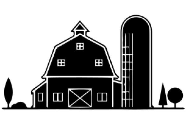 A Silhouette of a Rural Scene: A Barn, a Tree, and a Silo