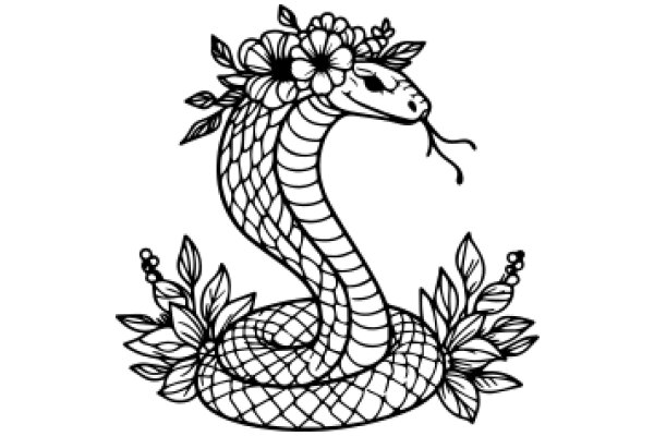 Stylized Snake with Floral Crown and Tail Decoration