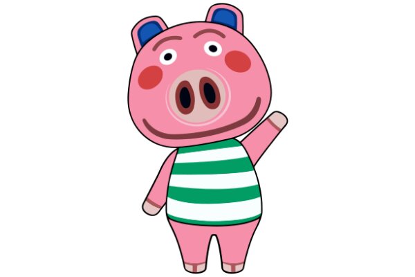 A Friendly Pink Pig with a Striped Shirt and Blue Ears