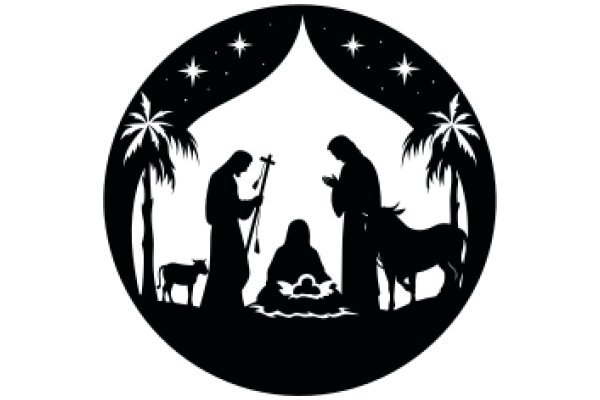 Silhouette of a Nativity Scene with Palm Trees and Stars