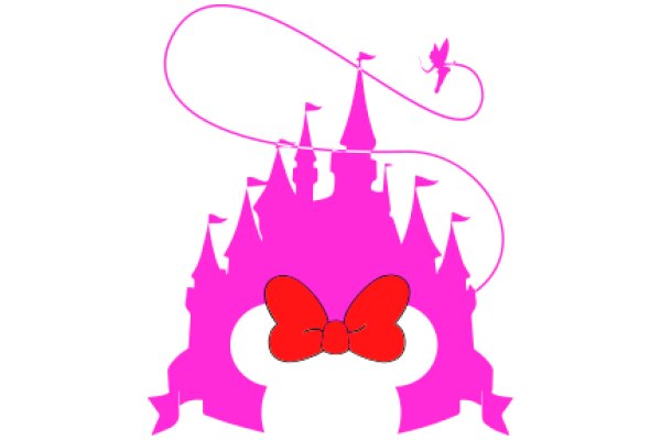 A Whimsical Pink Castle with a Red Bow and a Tinkerbell-like Figure