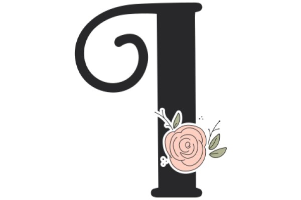 Stylized Letter 'T' with a Pink Rose and Leaves