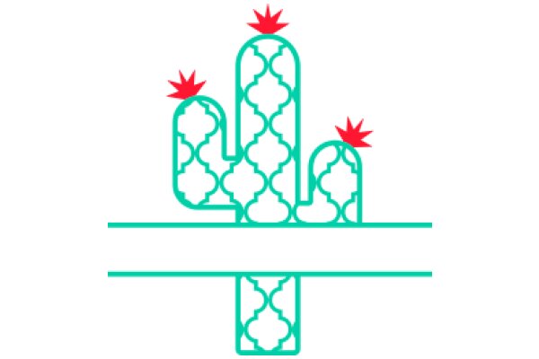 Stylized Cactus Design with Red Flower Accents