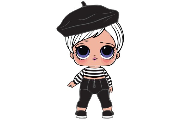 Stylish Cartoon Character: A Fashionable Female with a Chic Hat and Striped Shirt