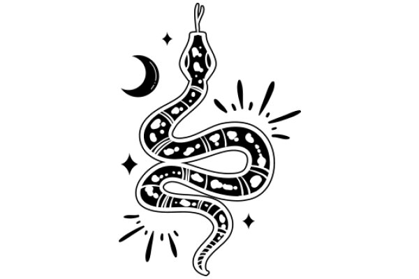 Whimsical Illustration of a Snake and Crescent Moon