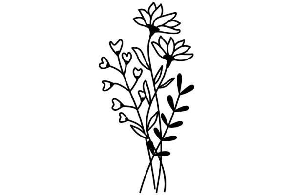 Line Drawing of a Flowering Plant with Hearts