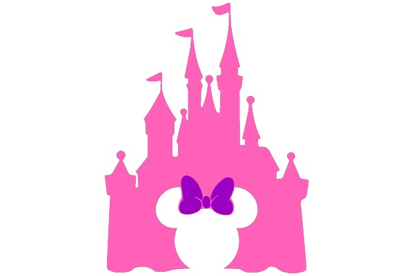 A Whimsical Pink Castle with a Purple Bow and Flag