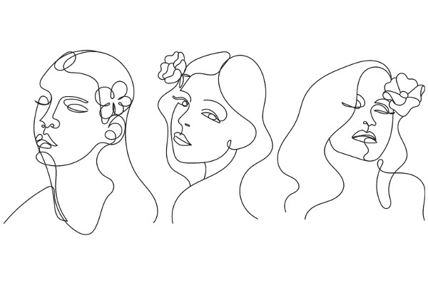 Three Portraits of Women with Flowers, Illustrated in