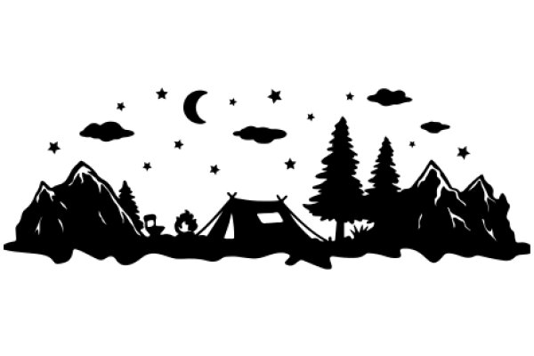 A Silhouette of a Camping Scene with Mountains and Stars