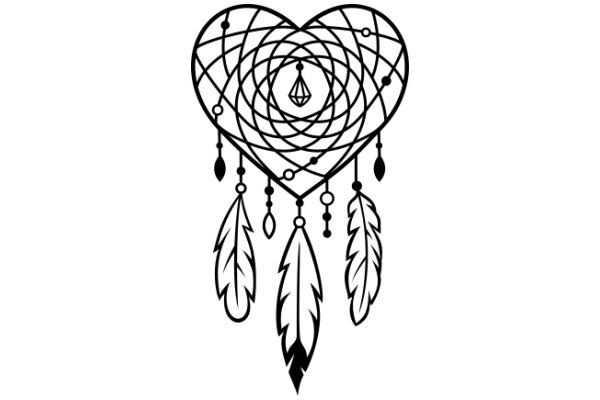 Illustration of a Heart-Shaped Dreamcatcher with Feathers and Circles