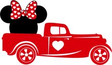 A Red Truck with a Heart on Top and Minnie Mouse Ears