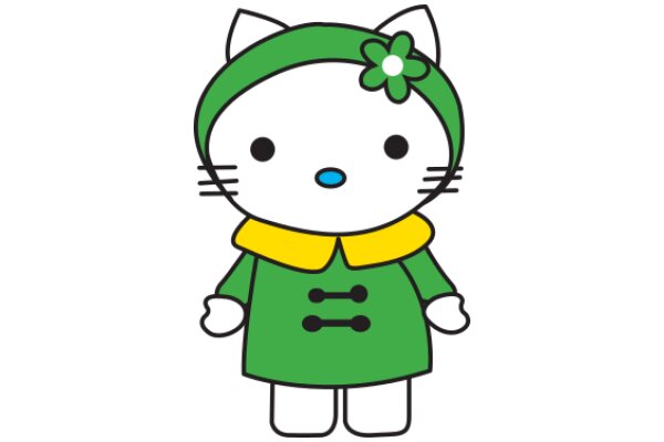 Adorable Cartoon Cat in a Green Dress and Hat