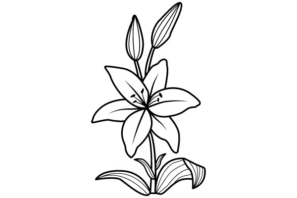 Line Drawing of a Flower with Six Petals and Three Leaves