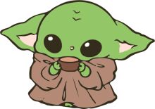 A Cute Cartoon of a Green Ewok-like Creature Sipping a Cup of Coffee