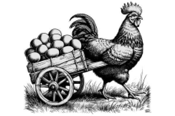 A Classic Illustration of a Rooster Pulling a Wheelbarrow of Eggs