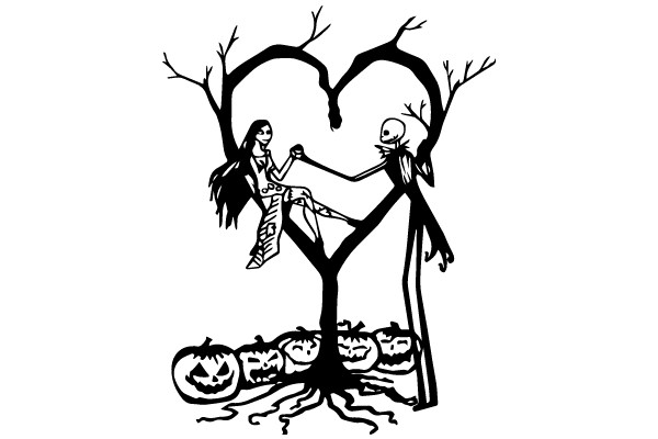 A Silhouette of Halloween: A Girl, a Skull, and a Tree of Pumpkins