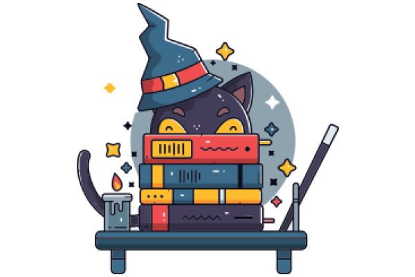 A Whimsical Scene of a Cat Wizard Surrounded by Books and Stars