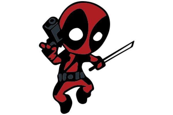 Vibrant Red and Black Cartoon Character with a Camera and a Sword