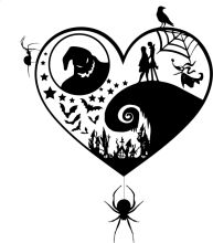 A Silhouette of a Heart-Shaped Balloon with Various Symbols and a Spider Web