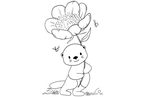 A Whimsical Scene: A Cartoon Otter with a Flower and a Butterfly