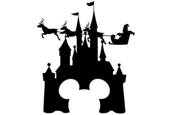 Silhouette of a Castle with Flying Deer and People