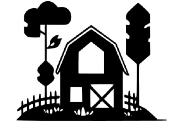 A Silhouette of a House, Barn, and Tree in a Field