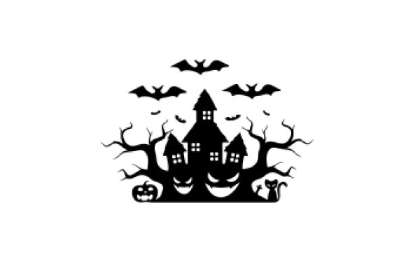 Halloween Silhouette: A Spooky Scene of Bats, Houses, and a Cat