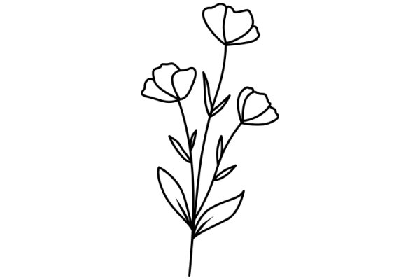 Line Drawing of Three Flower Stems with Leaves and Flowers