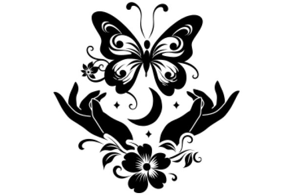 Elegant Black Butterfly Tattoo Design with Floral Accents and Moon