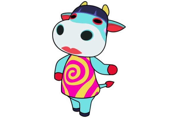 Vibrant Cartoon Cow with a Pink and Yellow Swirl Shirt and Blue Hat