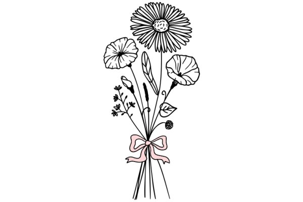 A Bouquet of Flower Illustrations with a Pink Ribbon