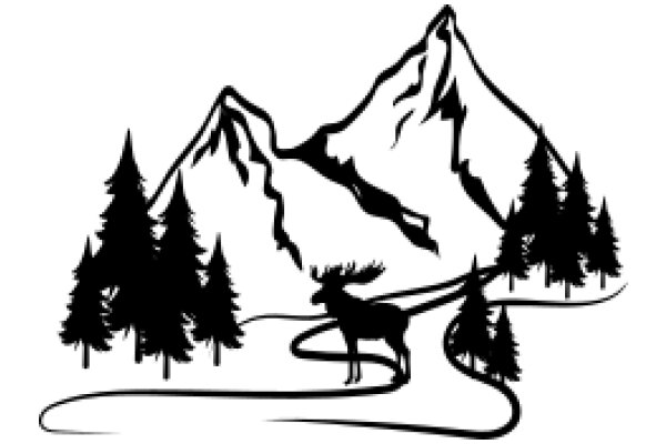 Moonlit Mountain Adventure: A Silhouette of a Moose and Forest Scene