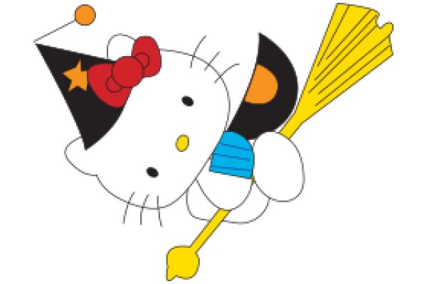 Whimsical Cartoon of Hello Kitty with a Broom and a Party Hat