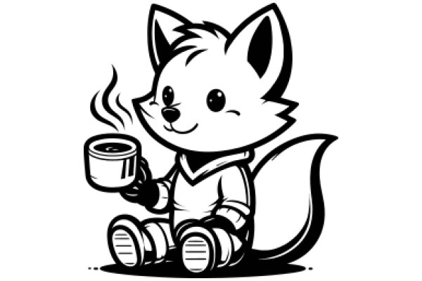 A Whimsical Illustration of a Fox-like Character Enjoying a Cup of Coffee